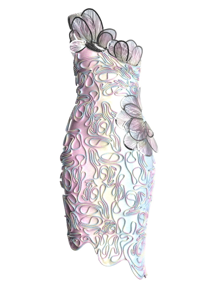 holographic mesh dress Metallic pink net mesh corseted draped dress with laser cut holographi