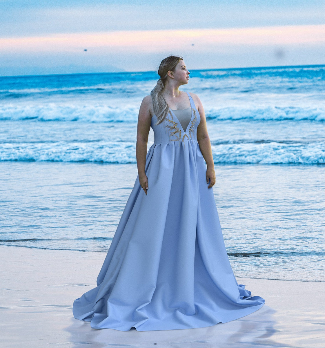 slim fit dress slacks Long Sleeves Sky Blue Prom Dresses Mermaid Tulle With Beadings Slit –  Newinlook main image 1