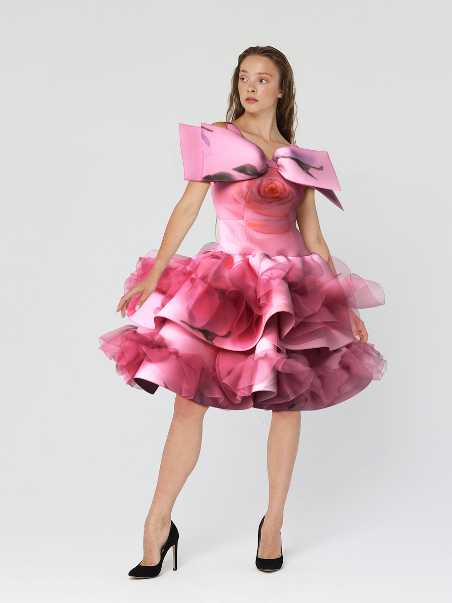 strapless open back dress Andrea & Leo Couture A1035 Printed Organza Dress Portrait of a Rose