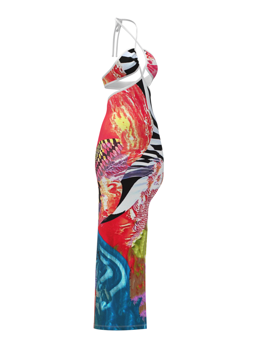 white christmas dresses Pink And Peach Abstract Printed Asymmetric Cut Out Midi Dress – AX Paris US main image 0