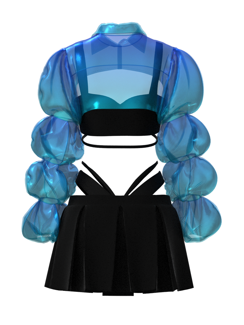 Voluminous top and mini-skirt