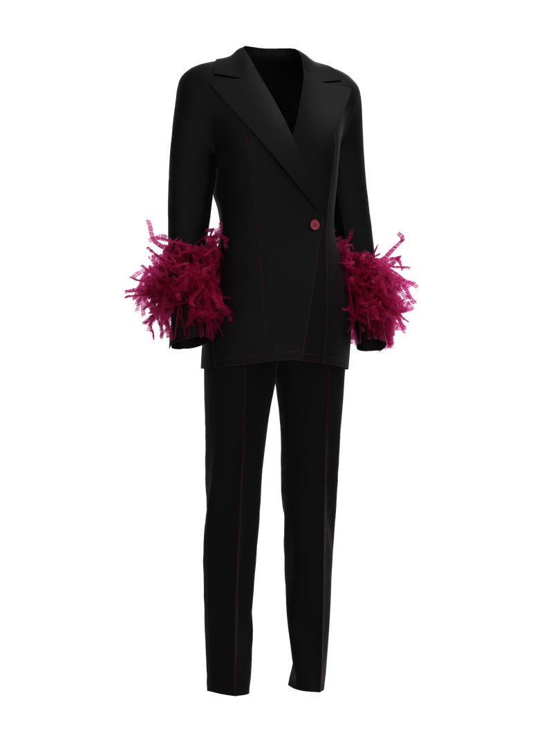 Suit with feathers