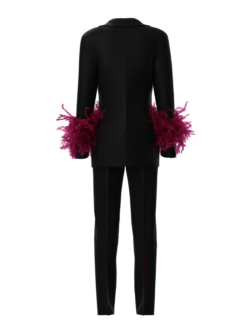 Suit with feathers