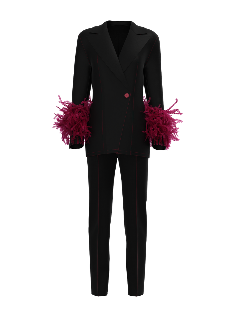 Suit with feathers