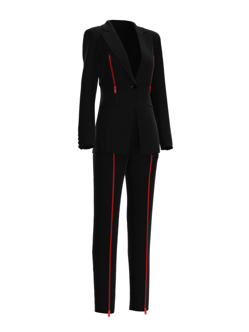 Black suit with red zippers