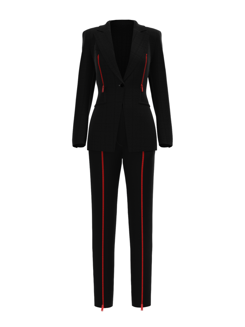 Black suit with red zippers