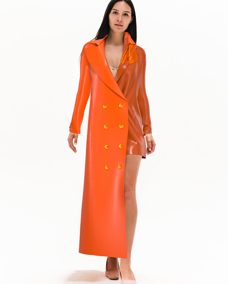 Amber buttoned asymmetric orange suit