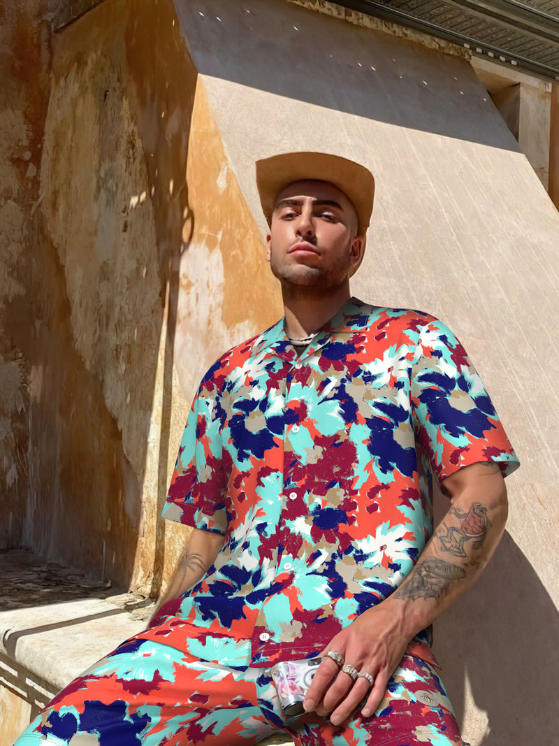 Floral Printed Woven Bowling Shirt & Matching Swim Trunk