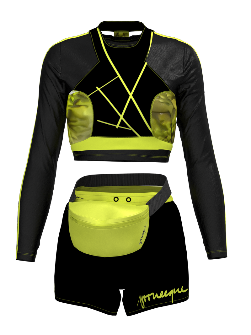 two-piece sport wear with shorts & banana bag