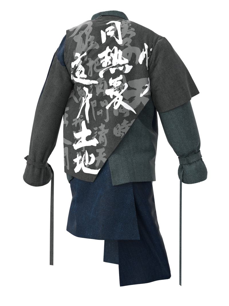 YMDH: Multi-layers Floating Calligraphy Contrast Denim Monk Blazer Suit Jacket